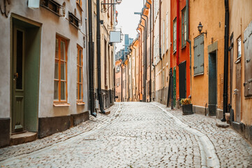 Stockholm, Sweden. Picturesque empty street with cobblestones in Gamla Stan