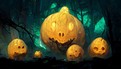 Pumpkin ghost pumpkins in the forest illustration Generative AI Content by Midjourney