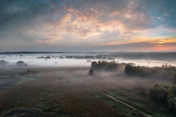 Beautiful countryside landscape with morning fog in the meadow with trees at dawn. Aerial drone view.