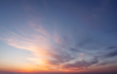 Beautiful sky with clouds during sunset or sunrise. Panoramic skyscape.