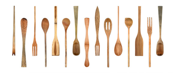 Topview of Set Cooking Wooden Utensils on White Background