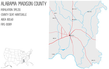 Obraz premium Large and detailed map of Madison county in Alabama, USA.