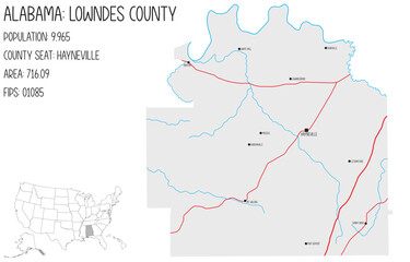 Large and detailed map of Lowndes county in Alabama, USA.