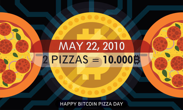Pizzas, Bitcoin Coin and Electronic Background for Bitcoin Pizza Day, Vector Illustration