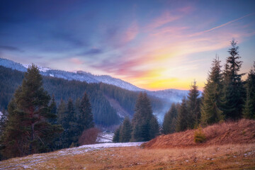Beautiful sunset in mountains. Colorful landscape with snow capped mountains, forest and dramatic sky.