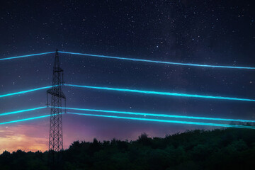 Electric transmission tower with glowing wires against the starry sky background. High voltage...