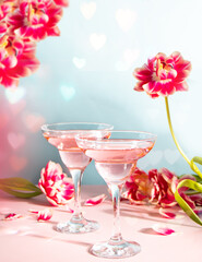 Glasses of pink cocktail with flowers and petals. Birthday party or Valentines day romatic couple date concept.