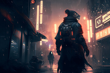 Sci fi Ronin on a street with blurred neon lights at night. generative ai