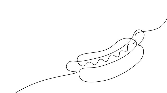 One line continuous hot dog fast food symbol concept. Silhouette of buns with sausage and mustard unhealthy snack. Digital white single line sketch drawing vector illustration