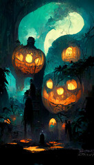 Fototapeta na wymiar Mayan style halloween theme pumpkins ghosts in the dark night illustration Generative AI Content by Midjourney