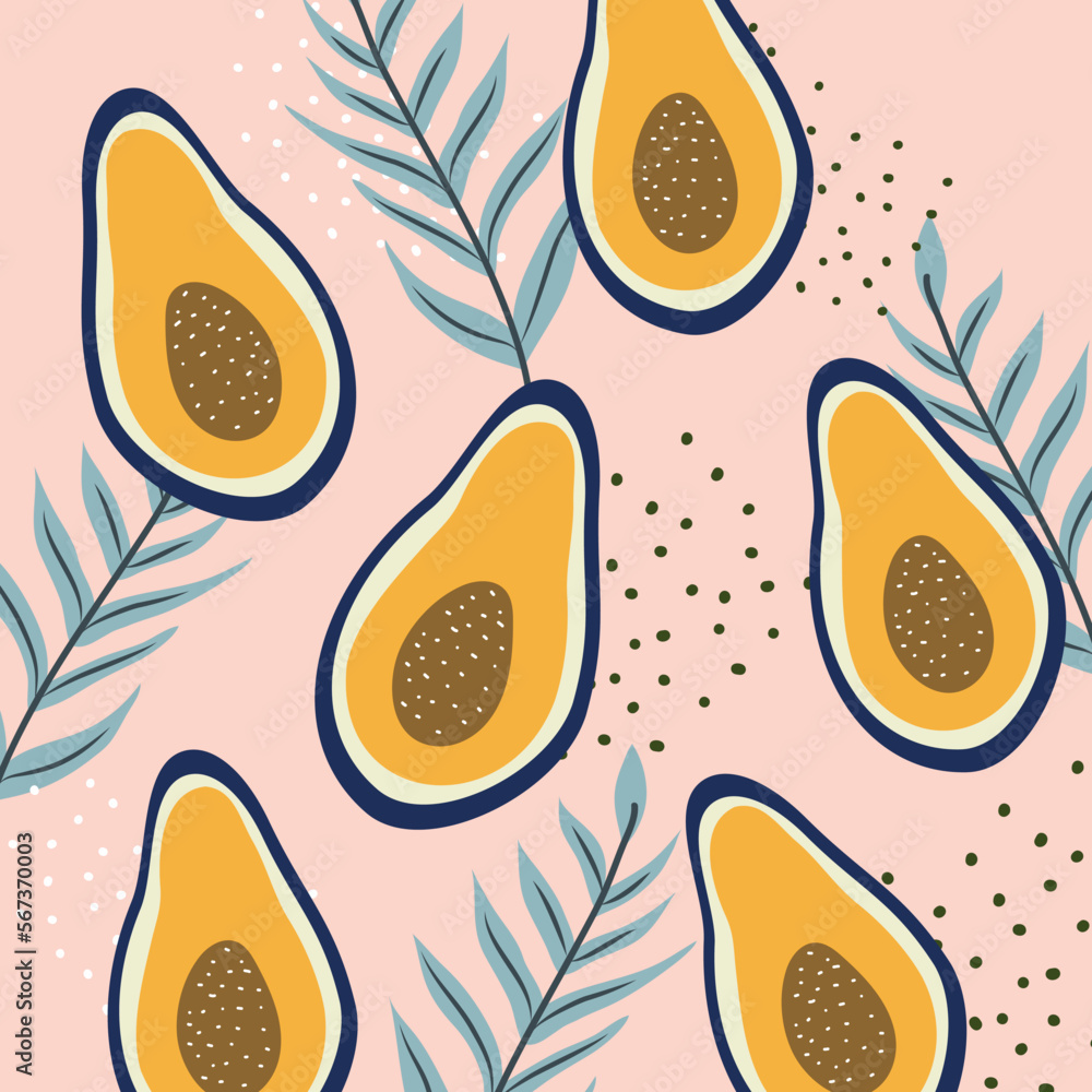 Poster pink pattern with avocado in hand drawn style. abstraction in the form of dots and leaves. vector st