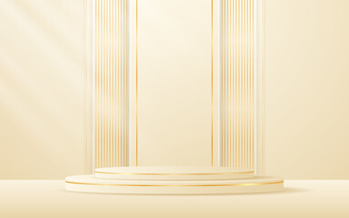 Cream podium with cream stripes with elegant gold lines on the back for product presentation. Cosmetic product display. Stage or podium. vector illustration
