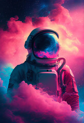 3D illustration of man in space suit inside softly glowing pink and blue galactic cloud. Peaceful galaxy astronaut. Retrowave. Generative Ai. - obrazy, fototapety, plakaty