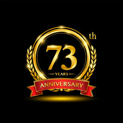 73th Anniversary logo. Golden anniversary logo design with laurel wreath and red ribbon. Logo Vector Illustration