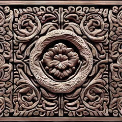 Ornamented Wooden Engraving Boasts Vibrant Floral Designs.