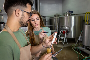 Man and woman working in craft brewery checking the pH value of the beer.