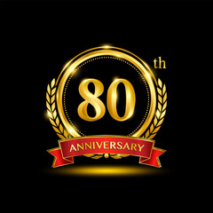 80th Anniversary logo. Golden anniversary logo design with laurel wreath and red ribbon. Logo Vector Illustration