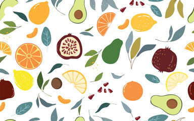 Abstract seamless pattern with fruits. Hand drawn texture. Vector template for postcards, banners, printed fabric, t-shirts. Pastel colors.