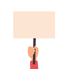 Hand holds blank placard isolated on white background. Protest sign concept. Vector stock