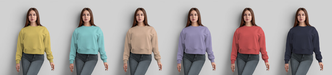 Mockup of colored crop sweatshirt on a girl, for design, print, advertising, fashion clothes front.