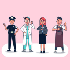 Collection of big set isolated various occupations or profession people wearing professional uniform, flat vector illustration.