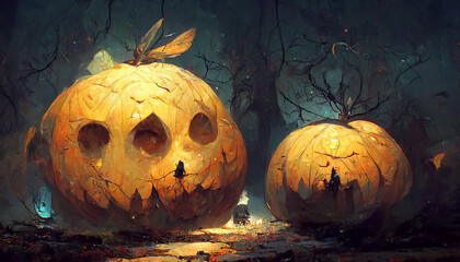 Halloween theme with pumpkins illustration Generative AI Content by Midjourney