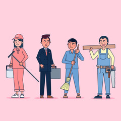 Collection of big set isolated various occupations or profession people wearing professional uniform, flat vector illustration.