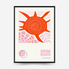 Underwater world, ocean, sea, fish and shells vertical flyer or poster template. Modern trendy Matisse minimal style. Hand drawn design for wallpaper, wall decor, print, postcard, cover, template