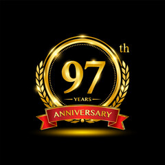 97th Anniversary logo. Golden anniversary logo design with laurel wreath and red ribbon. Logo Vector Illustration