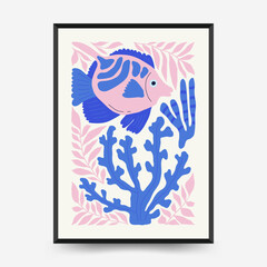 Underwater world, ocean, sea, fish and shells vertical flyer or poster template. Modern trendy Matisse minimal style. Hand drawn design for wallpaper, wall decor, print, postcard, cover, template