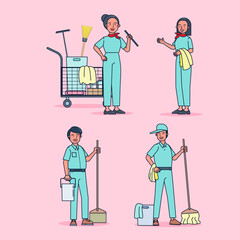 Character collection of cleaner big set isolated flat vector illustration wearing professional uniform, cartoon style