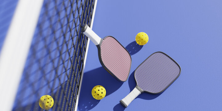 Rackets and balls for playing pickleball at the sports net on the court. 3D rendering