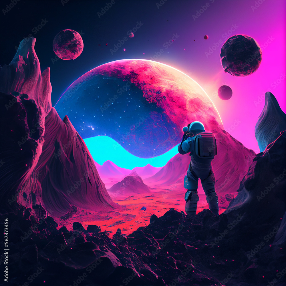 Wall mural 3d illustration of science fiction scene showing astronaut viewing space and planets from mountain s