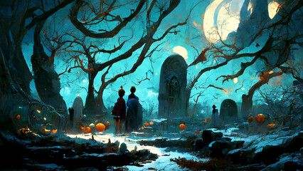 Fototapeta na wymiar Halloween theme with pumpkins ghosts bats in the dark illustration Generative AI Content by Midjourney