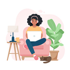 Fototapeta na wymiar Black woman work from home concept, chair with laptop, student or freelancer. Cute vector illustration in flat style