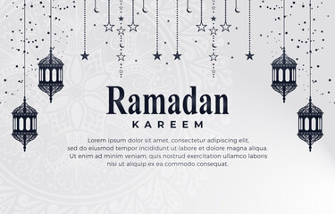 ramadan kareem 2023 banner with elegant luxury islamic ornament and abstract gradient white and grey background design - obrazy, fototapety, plakaty