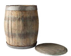 Old oak wine barrel and lid. Isolate on white background