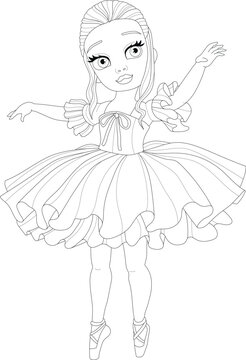 Cute cartoon ballerina girl in vintage retro dress sketch template. Graphic vector illustration in black and white for games, decor. Children`s story book, fairytail, coloring paper, page
