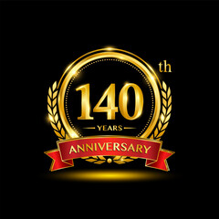 140th Anniversary logo. Golden anniversary logo design with laurel wreath and red ribbon. Logo Vector Illustration