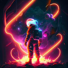Fototapeta na wymiar Sci-fi Retrowave space 3D illustration of science fiction scene with mysterious astronaut figure in space suit surrounded by glowing neon tube lights. Generative Ai.