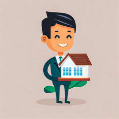 Real estate agent holding miniature 3d house, housing market deal vector style illustration