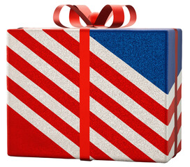 American flag pattern wrapping gift box with red ribbon bow