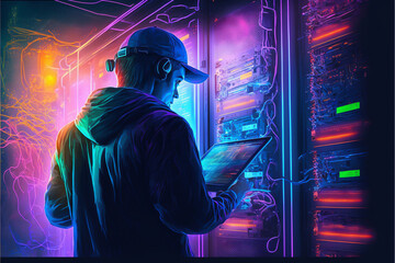 A male technician is diligently running maintenance on a data center, ensuring that all systems and hardware are working properly and securely, ensure that the data center runs smoothly. generative ai