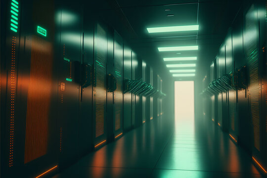 A vibrant image of a modern data center reveals an array of powerful servers and supercomputers, connected by high-speed cables. Technology for storage, processing of large amount data. generative ai