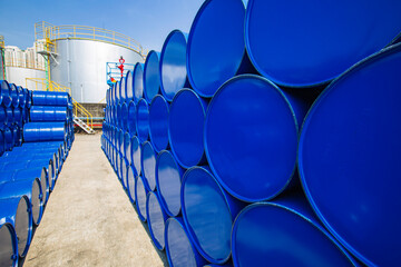 Oil barrels blue or chemical drums horizontal