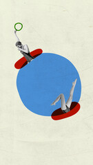 Contemporary art collage with young slim woman in swimming suit diving into sea water over light...