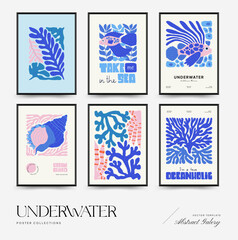 Underwater world, ocean, sea, fish and shells vertical flyer or poster template. Modern trendy Matisse minimal style. Hand drawn design for wallpaper, wall decor, print, postcard, cover, template