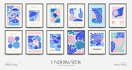 Underwater world, ocean, sea, fish and shells vertical flyer or poster template. Modern trendy Matisse minimal style. Hand drawn design for wallpaper, wall decor, print, postcard, cover, template