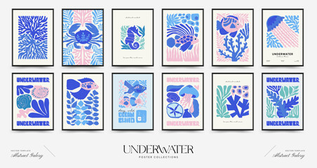 Underwater world, ocean, sea, fish and shells vertical flyer or poster template. Modern trendy Matisse minimal style. Hand drawn design for wallpaper, wall decor, print, postcard, cover, template - obrazy, fototapety, plakaty