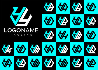 Set of modern line hexagon initial Y YY letter logo design - obrazy, fototapety, plakaty